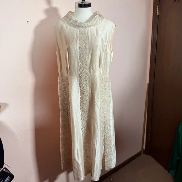 Art deco 1920 1940 Antique white beaded Sleeveless Formal midi flapper Dress - Picture 9 of 16